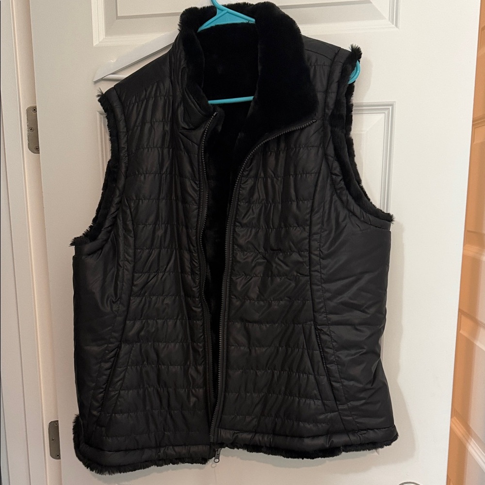 Black Quilted Vest with Faux Fur Lining Reversible